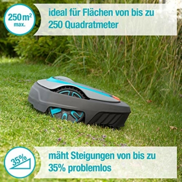 GARDENA SILENO city: Mähroboter bis 250 m² Rasenfläche, Bluetooth-App bedienbar, Schnitthöhe 20 - 50 mm, LCD Display, Diebstahlschutz, inkl. Begrenzungskabel/Haken, (15001-20), DE-Version - 2
