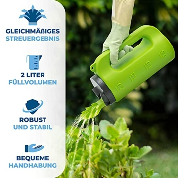 Housekeeps Handstreuer, ganzjährig einsetzbares Streugerät für Dünger, Rasensamen, Splitt & Streusalz, Ganzjahresstreuer mit gleichmäßigem Fächerauslauf-Verteiler, Garten Saatgutverteiler, 2 l - 2