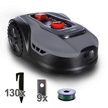Scheppach Mähroboter RLM500W bis zu 500 qm² | 18cm Schnittbreite | 20-60 mm Schnitthöhe | Regensensor | WiFi & BT | App gesteuert | 35% Steigung | inkl. Station, 9 Messer, 100m Kabel & 130 Bodenhaken - 2