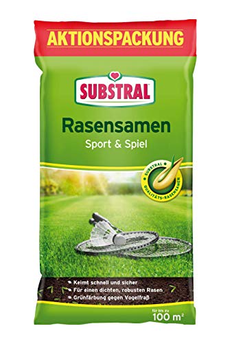 Substral Rasensamen Sport und Spiel, strapazierfähige Rasensaat-Mischung mit Grünfärbung gegen Vogelfraß, 2kg, 100m² - 1